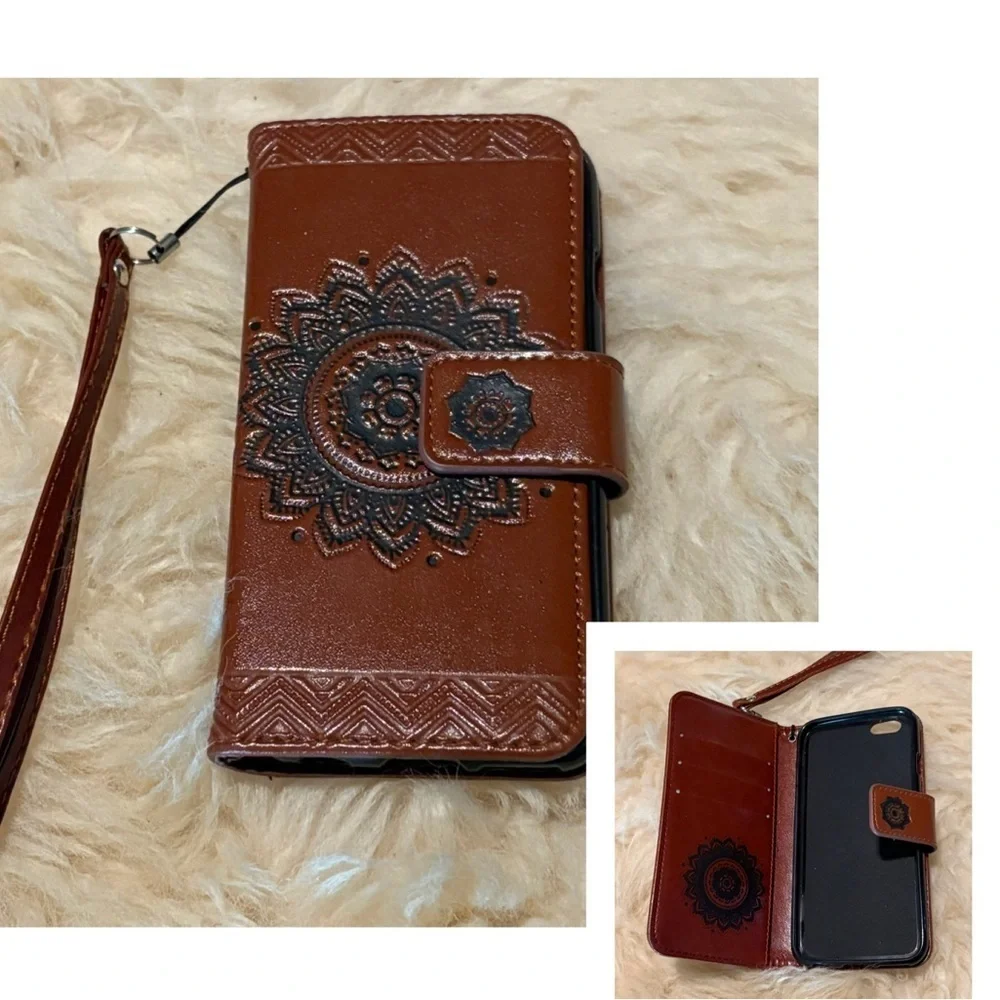 Brown Leather Embossed Mandala Phone Wallet Case